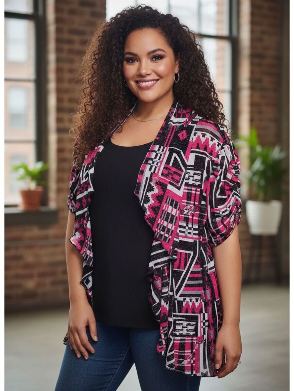 Marvin Pink Black Geometric Aztec Print 2-in-1 Layered Top Women's Size XXL